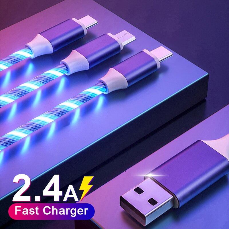 3 In 1 Glow Vloeiende Charger Cable Micro Usb Type C Kabel 1.2M Kleuren Led Licht Snelle Opladen Draad voor Iphone 12 Xiaomi 11 Redmi