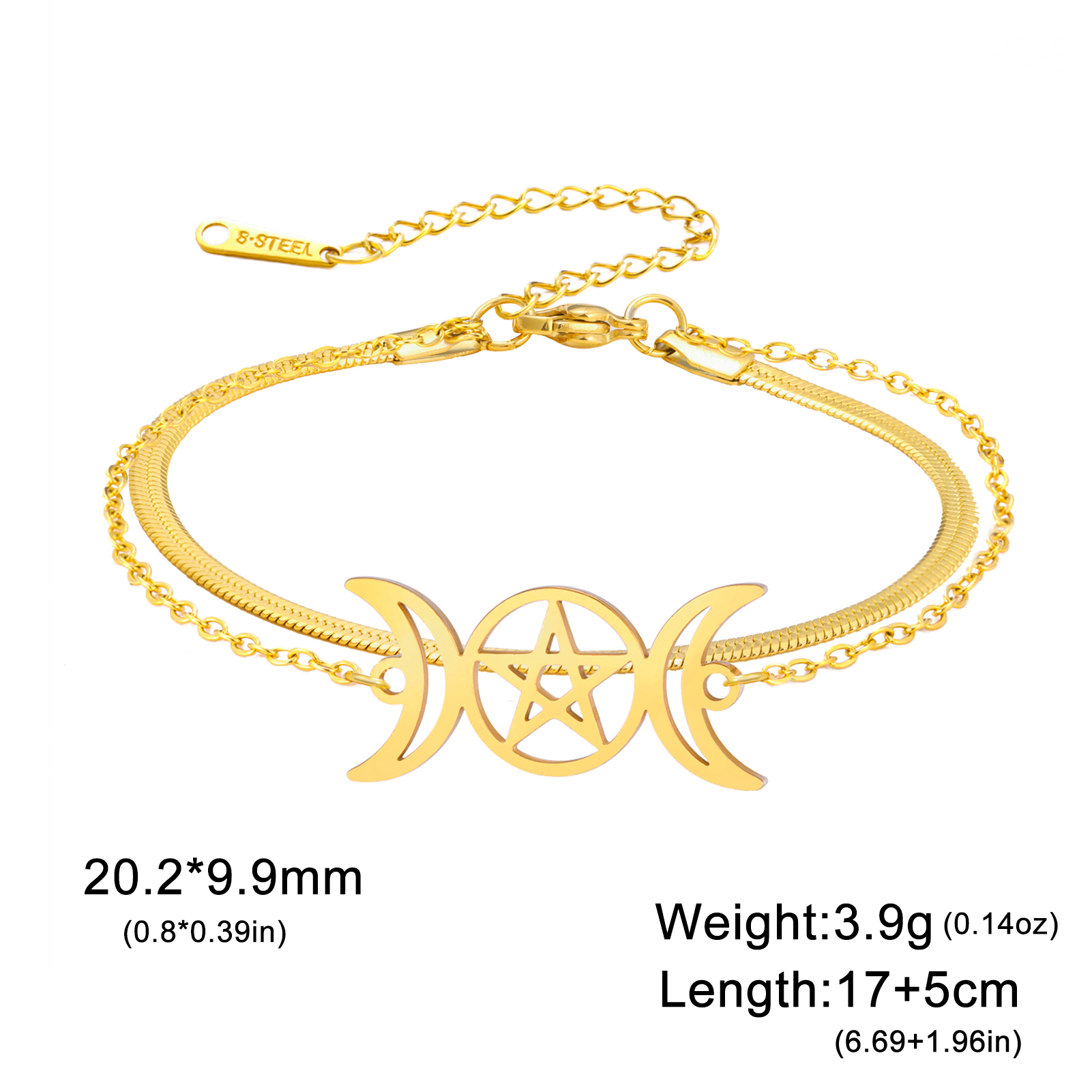 COOLTIME Triple Moon Goddess Bracelet for Women Men Stainless Steel Pentagram Magic Wicca Amulet Bracelet Jewelry Birthday: Vermeil