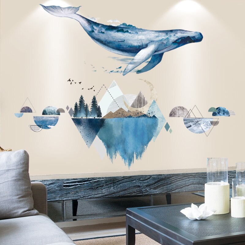 [shijuekongjian] floder bjerge wallstickers diy træ fugle vægmaleri mærkater til stue soveværelse hus dekoration: Flod og fisk