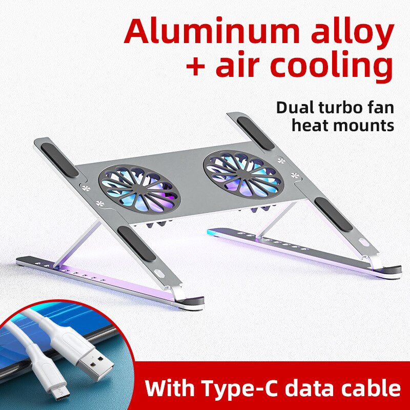 Laptop Stand Radiator Twin-Turbo 8 Levels Adjustable Static Gale Laptop Cooling Aluminum Alloy For Macbook Gaming Laptop Cooler: Sliver