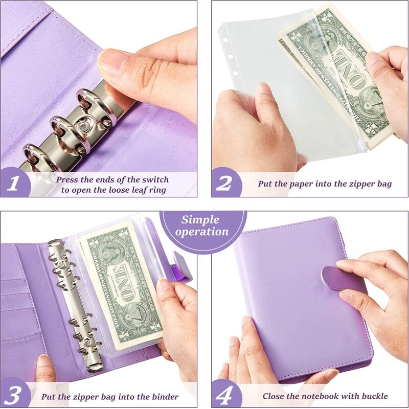 PU Leather Notebook Binder for Filler Paper Magnetic Personal Planner Binder with 12 Pcs Binder Zipper Folder(Purple,A6)