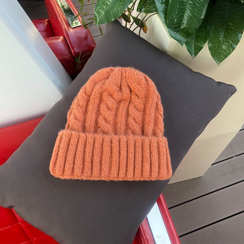 Kvinder huer pige luksus vinter hat slik farver hatte tyk varm hue hue blød strikket hue bomuld twist mønster kasketter 9: Orange