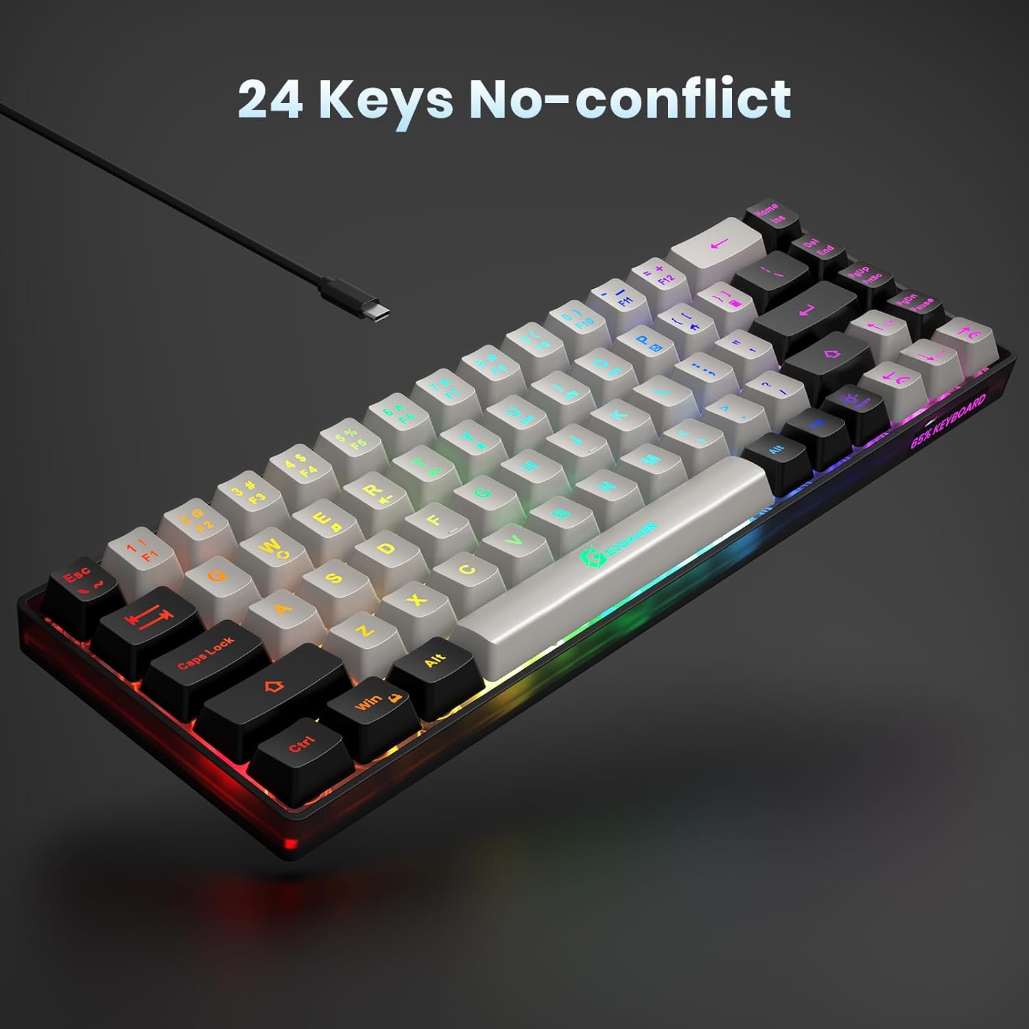 65% klawiatura do gier, przewodowa podświetlana Mini klawiatura, Ultra-kompaktowa klawiatura 68 klawiszy przewodowa do gier membranowych do laptopa Mac Gamer