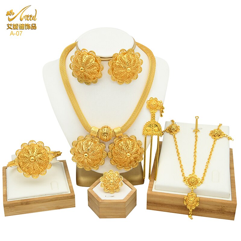 ANIID etiope da sposa 6 pezzi Set di gioielli collana di lusso Color oro marocchino africano Set regalo di accessori per feste di nozze nigeriane: A-07-Gold