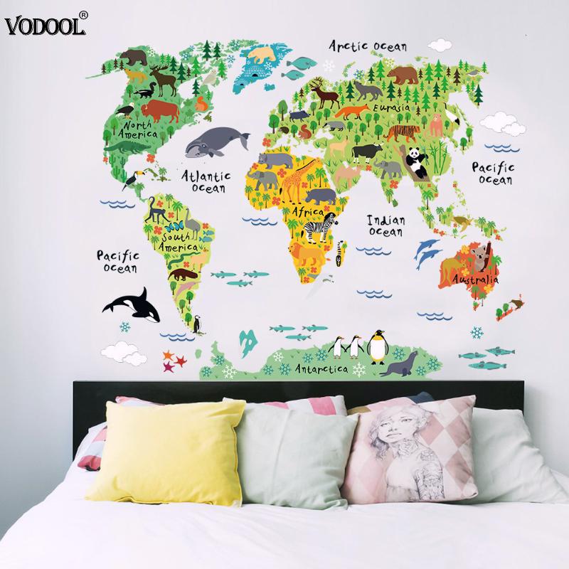 Colorido Animal mundo adhesivo con de mapa para pared Mapa de dibujos animados extraíble PVC papel pintado para habitación de niños calcomanías pósteres para decorar el hogar