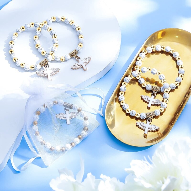Angel Wing Kruis Armband Gunst Met Organza Zakken Acryl Doop Gunst Voor Jongen En Meisje Communie Verjaardag Bruiloft