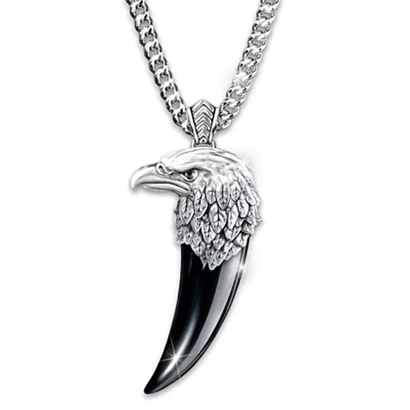 Vintage Punk Eagle Head Spike Pendant Hip Hop Men's Cool Stainless Steel Black Wolf Tooth Pendant Necklace Jewelry