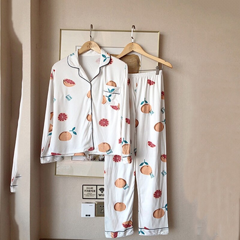 Le donne Del Fumetto di Frutta Stampa Pigiama impostato di Autunno del Lungo-manicotto T-camicia + Pantaloni Della Ragazza di Modo Degli Indumenti Da Letto Degli Indumenti Da Notte Abiti