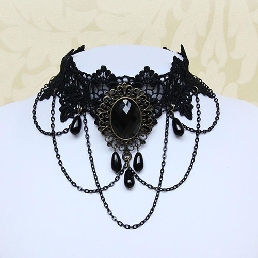 Gargantilla gótica victoriana para mujer, collar de encaje negro, mujer, chica, borla de cristal bohemio, gargantilla de encaje Sexy, joya de Halloween estilo Loli