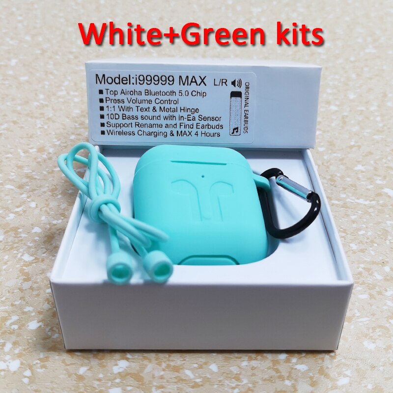 i99999 MAX TWS Volume Control Wireless Earphones 1:1 With Text & Metal Hinge Bluetooth Earbuds 10D Super Bass PK i99999 Plus: White Greencase