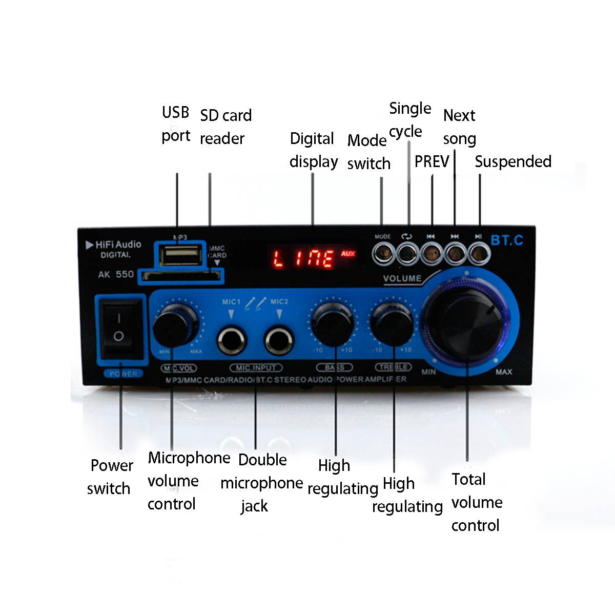 HIFI 2CH 800W Power bluetooth Audio Amplifier 12/220V Home Theater Amplifiers Audio with Remote Control Support FM USB SD Card