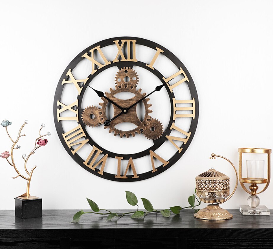 Industrial Wind Gear Wooden Wall Clock Noiseless Silent Gear Industrial Gear Wall Clock Roman Numerals Retro Rustic for House