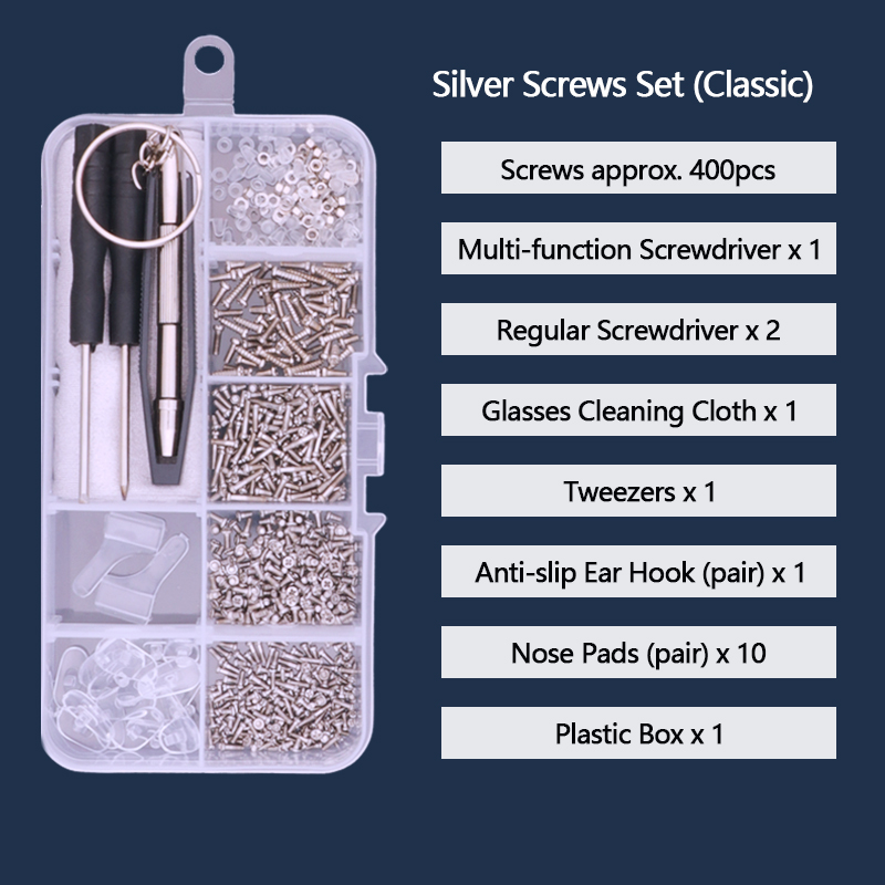 Colour_max skruvar muttrar näsdyna optiskt reparationsverktyg diverse kit för solglasögon: Klassisk silverskruv