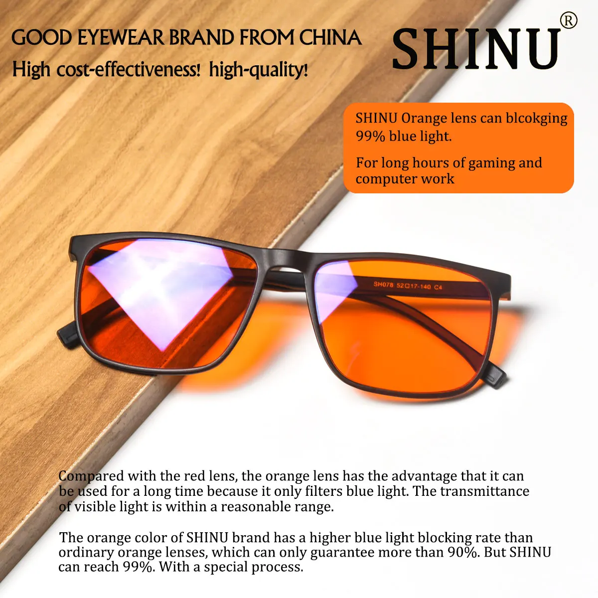 SHINU bon sommeil lumière bleue bloquant les lunettes hommes lentilles rouges Anti lumière verte éliminer la fatigue oculaire lunettes Bluelight: YELLOW