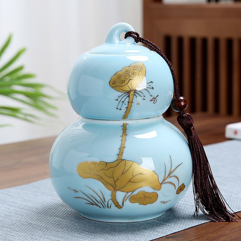 Tarro de cerámica chino de Kung Fu para decoración del hogar, recipiente de almacenamiento sellado con forma de calabaza, accesorios para ceremonia del té, especias: Light blue