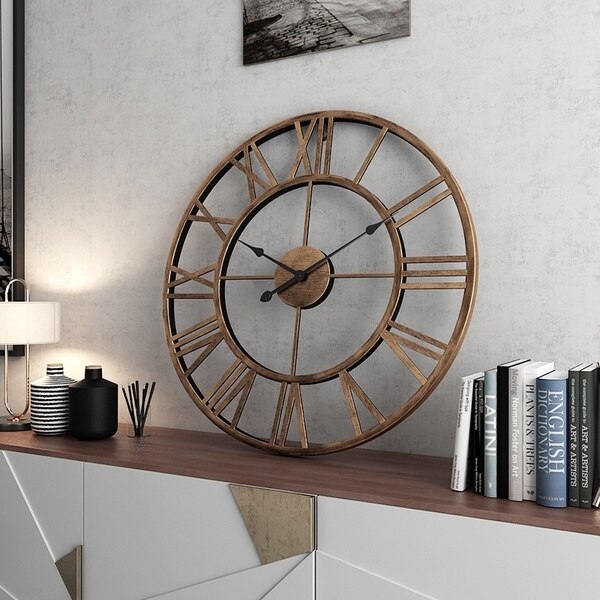 40cm/50cm moderne 3d store retro svart jern rund kunst hul metall veggklokke nordiske romertall klokke hjemmedekorasjon: Vintage gull / 40cm diameter