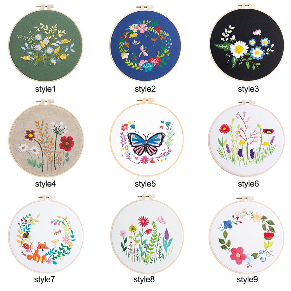 DIY Stamped Embroidery Kit For Starter Flowers Butterfly Pattern Embroidery Cloth Color Threads Tools Kit 20x20cm