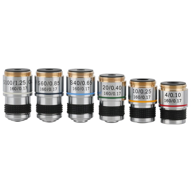 185 Series Black Biological Microscope Achromatic Objective Lens 4X 10X 20X 40X 60X 100X RMS 20.2mm Objective Parts