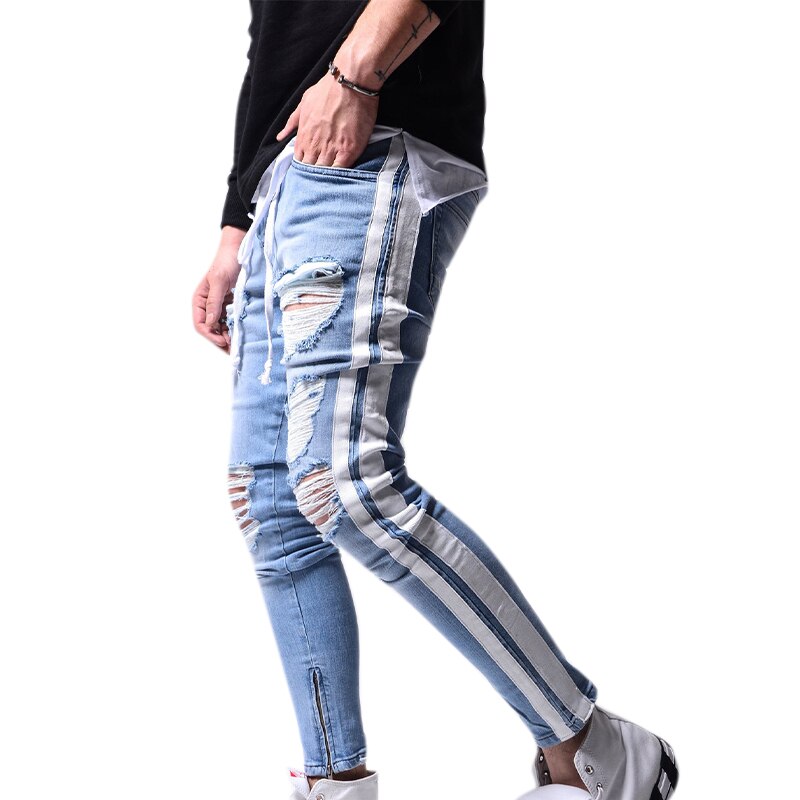 Hommes déchiré pantalon jean coupe mince Denim pantalons longs poche trous décontracté été hommes jean