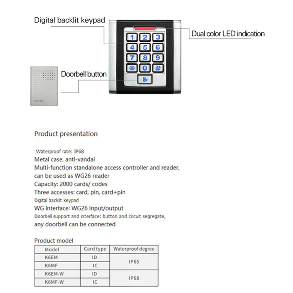 2000 Users RFID Access Control System with Backlight Keypad Metal 125khz card reader Waterproof metal access control outdoor key