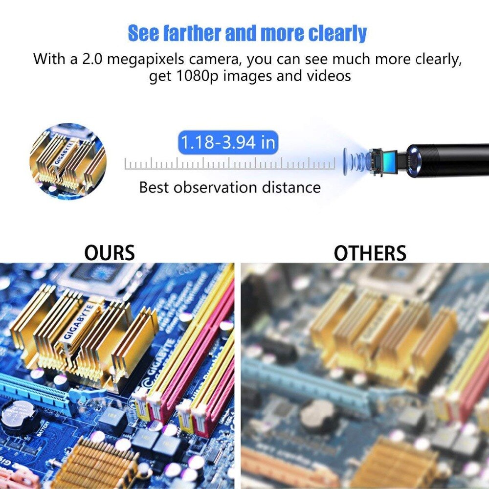 HD 1080P USB Endoscope Camera 8mm 2M Semi-Rigied Flexible Snake Endoscopy Inspection Borescope Camera 8led for PC Android