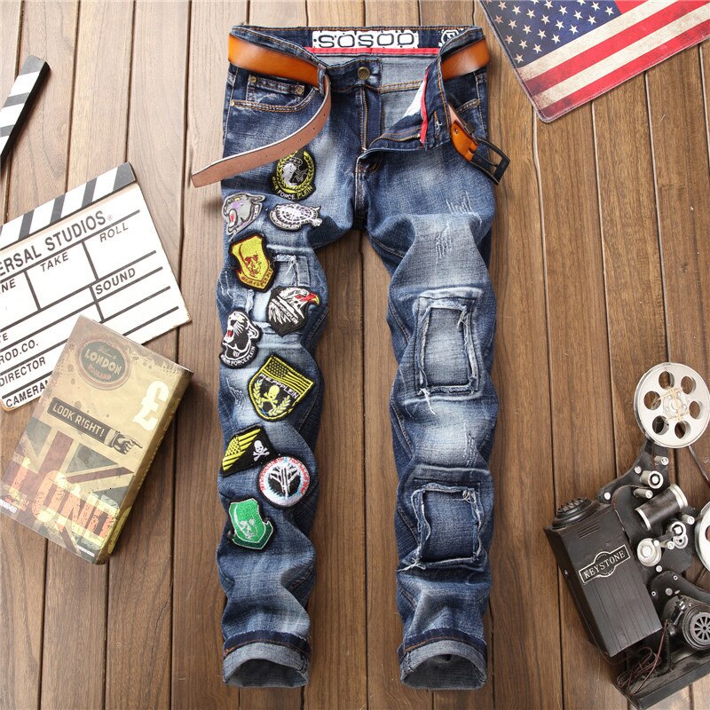 Pantalones vaqueros Skinny de motorista de primavera para hombre, pantalones de mezclilla ajustados con bordado estampado, pantalones vaqueros de talla grande 49 Calca, Vaqueros masculinos ajustados para hombre
