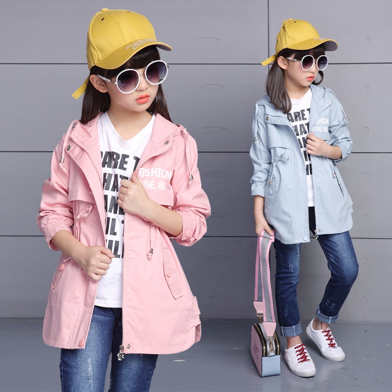 Teenager Spring Autumn Girls Trench Coat Hooded Jacket Long Cardigan Kids School Clothing Casual Outwear 3-14 Age