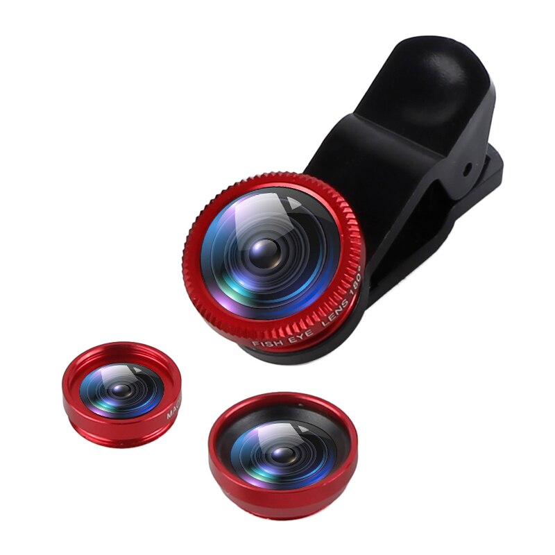 3 in 1 vidvinkel makro 180 graders fiskeøjeobjektiv kamera kits mobiltelefon fisk øjenlinser med klip 0.67x til iphone samsung htc: Rød