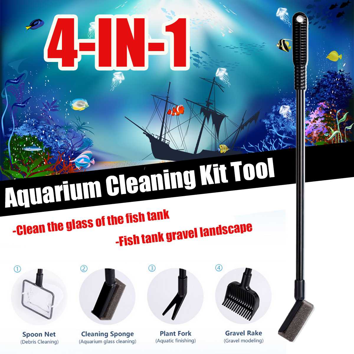4 In1 Aquarium Cleaning Kit Tool Glazen Aquarium Netto Lange Handvat Cleaner Grind Hark Schoner Glas Borstel Visnet Schoonmaken tool
