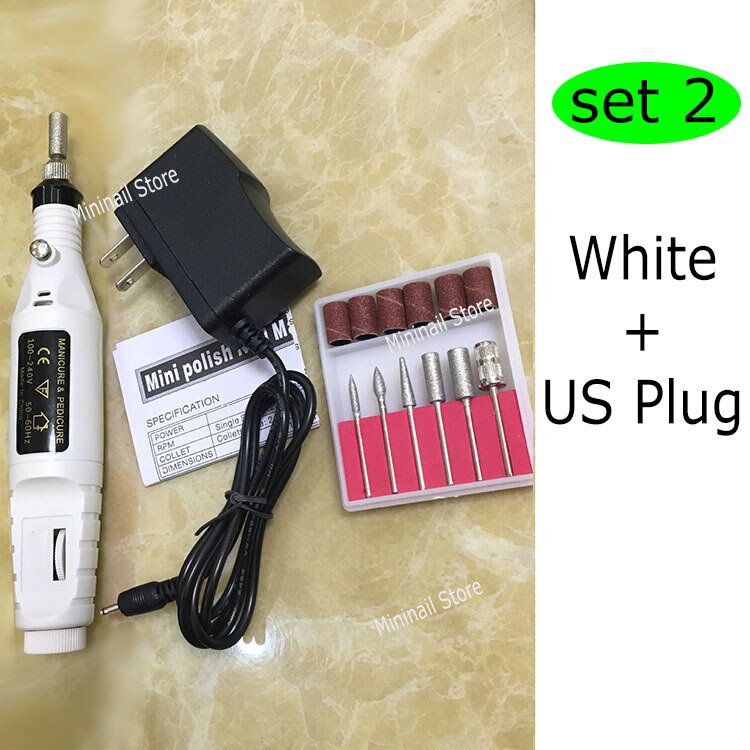 Mini nagelboorset met 6 bits, elektrische boormachines, manicure, stylingtool, pedicure, vijlen, vormgeven, voetverzorgingsproduct: Wit - us stekker