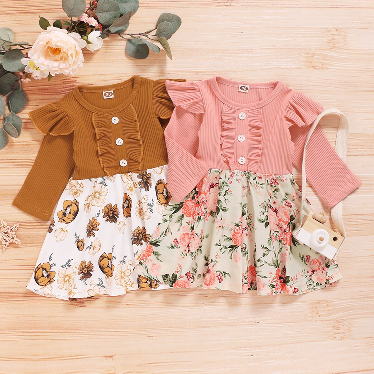 Infant Kids Baby Meisje Patchwork Jurk, Peuter Lange Mouw Ronde Hals Decoratieve Knop Geribbelde Jurk Ruche Kleding