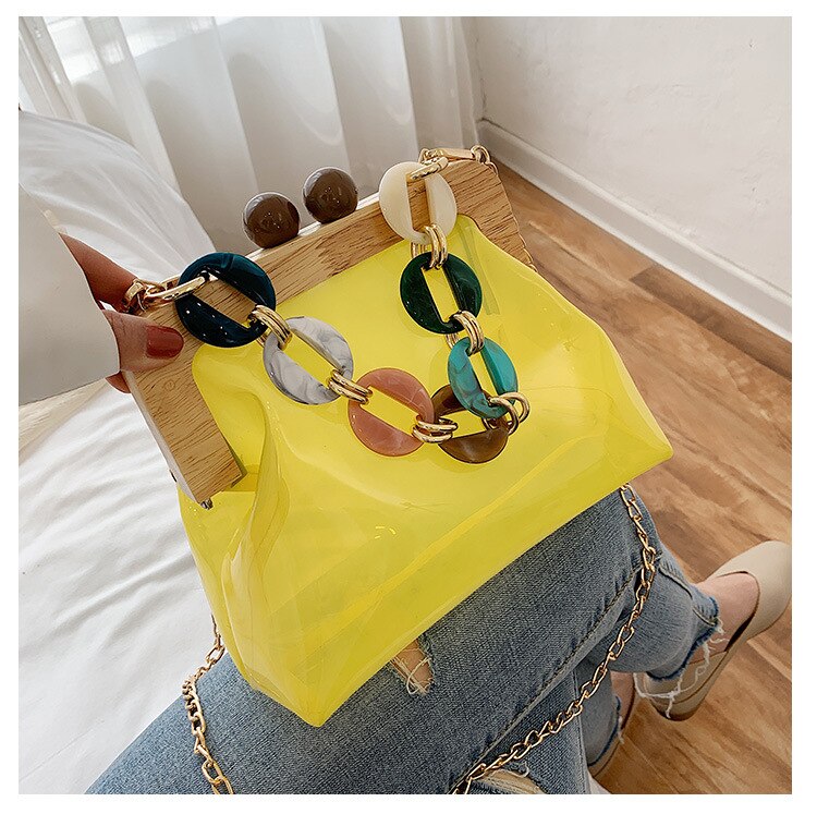 Sac transparente femme moda feminina bolsa de ombro doces cor verão claro saco de geléia boca de madeira beijo bloqueio crossbody saco de corrente: yellow