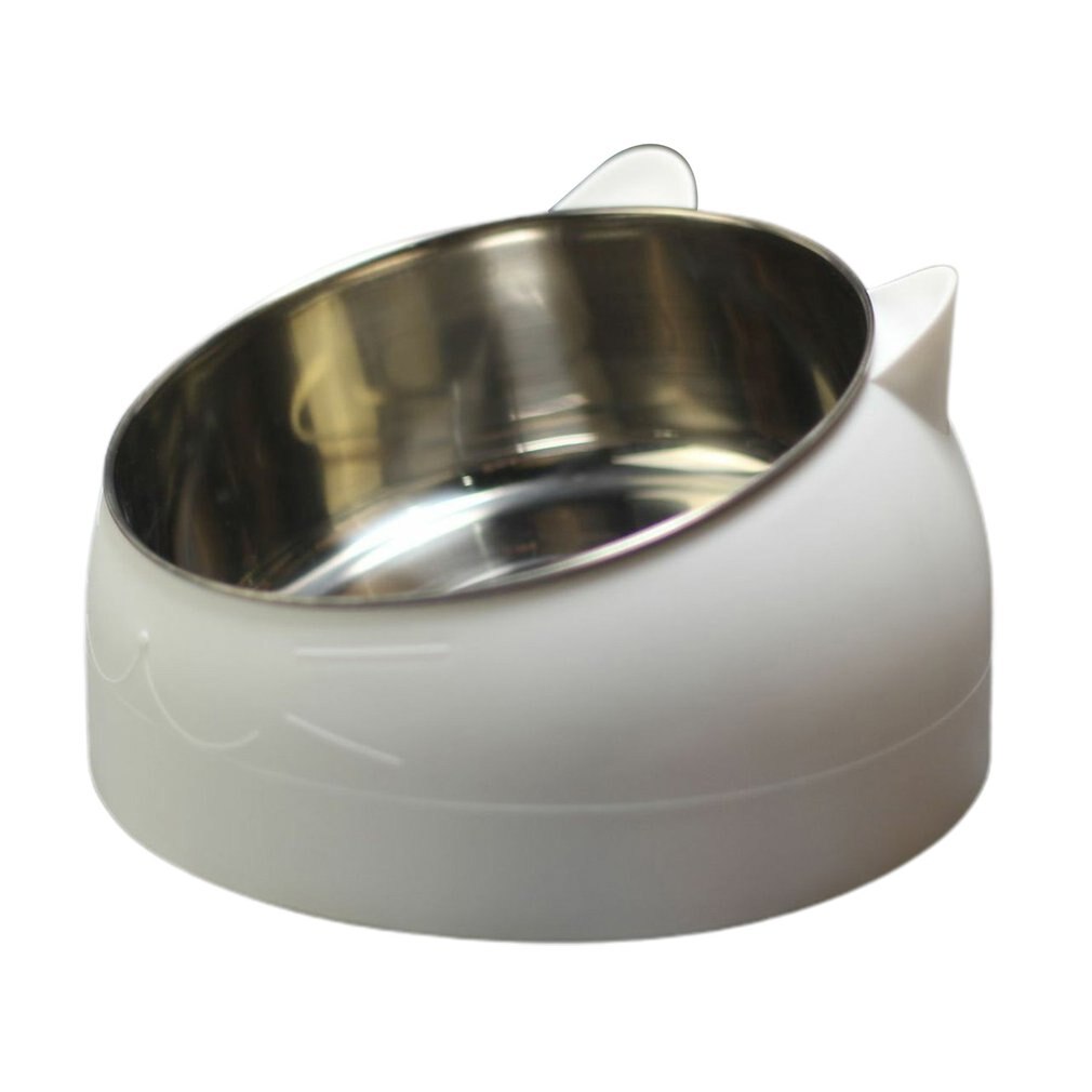 Cuenco de acero inoxidable antideslizante para gatos, Base para cachorros, alimentador de agua potable, plato inclinable de protección para el cuello, cuenco para mascotas: Blanco