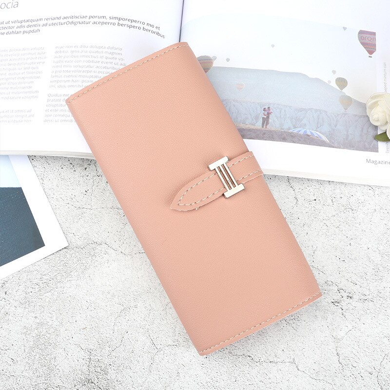 Women's H Letter Leather Wallet lady clutch purse Solid Color Drawstring Long 3 Fold Wallet Spring Model: PINK