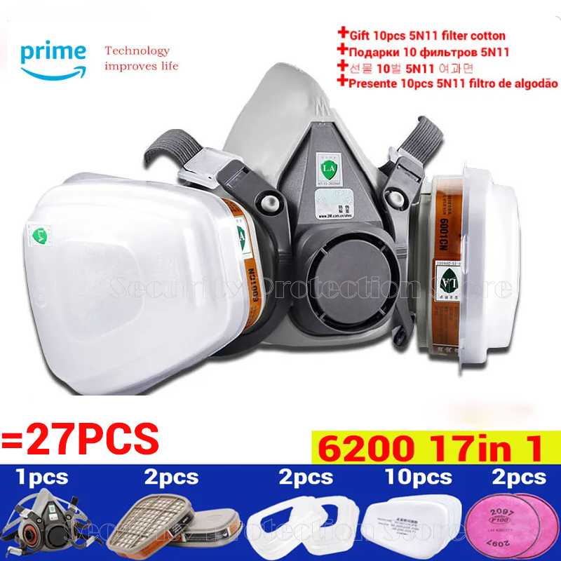 17in1 6200 Gasmasker Chemisch Beademingsapparaat Beschermend Half Gezichtsmasker Industriële Verf Spray Anti Organische Damp 6001/2097 Filter: Black