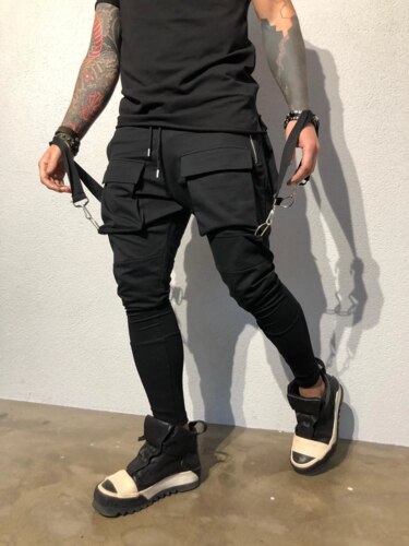 Mannen Fitness En Fitness Broek Pocket Band Stiksels Casual Broek: L / Black