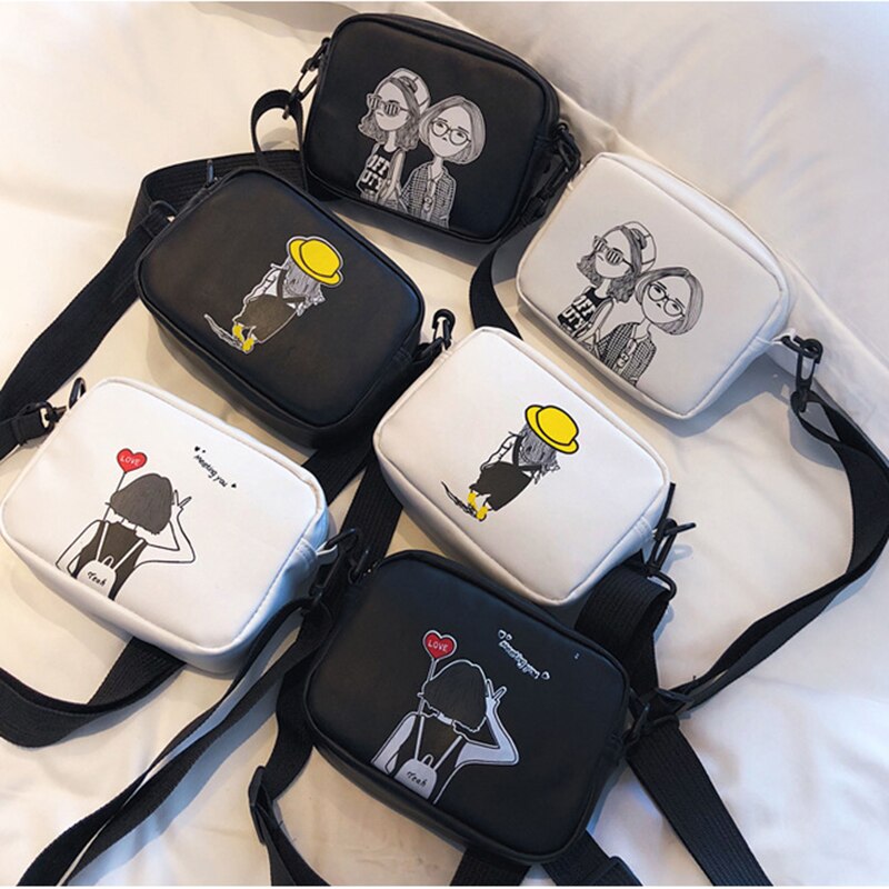 Kvinder tegneserie tryk små firkantede vilde skuldertasker personlighed pu læder messenger taske kvindelige crossbody tasker