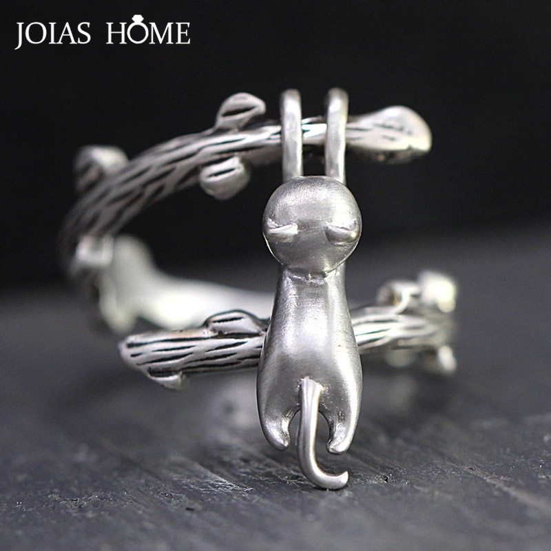 Joiashome thaise zilveren ring met 925 verstelbare sieraden voor vrouwen, kat, klimtak, schattig kitten, onderdeel sieraden