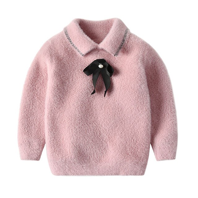 Tjejtröjor bra stickad tröja höst vinter baby varm tjock långärmad rosett tröja barnkläder: T0270- rosa / 7