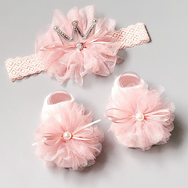 Baby Meisje Sokken Hoofdband Set Kant Bows Pasgeboren Meisje Head Bands Baby Crown Tulband Korte Sokken Peuter Haar Accessoires 3 stks/set: C