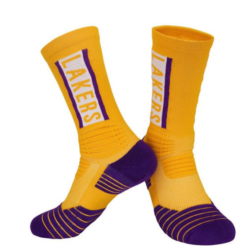 Mens Basketball Socks Terry Cushion Pad Thick Clubs Players Socks with Text logo Fast: Yellow Purple