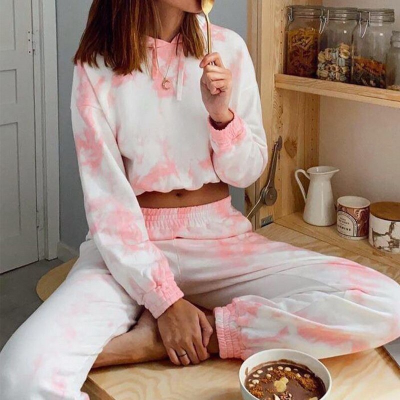 Women Jogging Suit 2 Pieces Tracksuit Tie-dye Printed Sweatsuit Casual Hoodie And Sweat Pants Two Piece Set Outfit