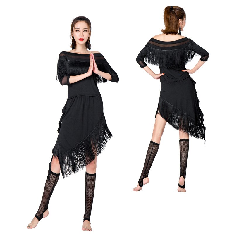 Disfraz de baile latino para mujer, traje de práctica de baile de salón, ChaCha, ropa de rendimiento, borla, Top de 2 piezas + falda, talla grande 3XL