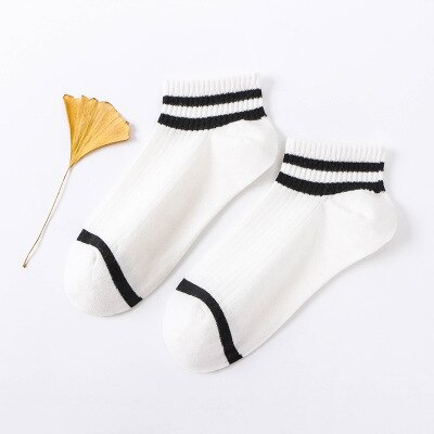 10 pieces = 5 pairs of women's socks shallow mouth Korean lovely summer cotton thin low top striped two bar tide boat socks wome: white