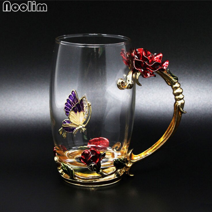 Noolim vintage emalje glas kopper blå og rød rose håndgreb stil med en sommerfugl på kroppen af glasset: Rød høj