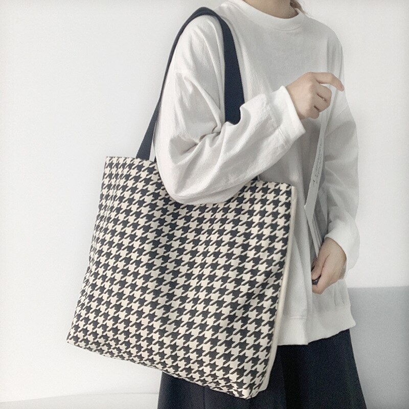 Houndstooth Patroon Vrouwen Canvas Boodschappentassen Retro Alle-Wedstrijd Dames Grote Schoudertas Eenvoudige Vrouwelijke Dagelijkse Toevallige Tote Handtas