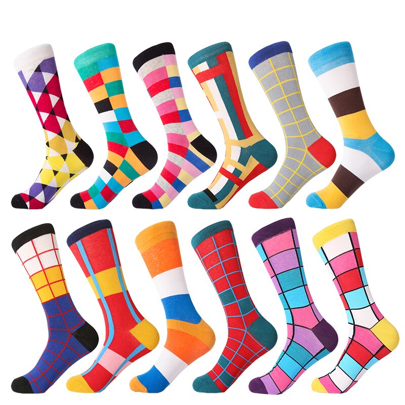 MYORED 12 par/lote calcetines informales para hombre a cuadros coloridos dibujos animados de frutas animales lunares rayas feliz de negocios calcetas de algodón de vestir Hombre: T026
