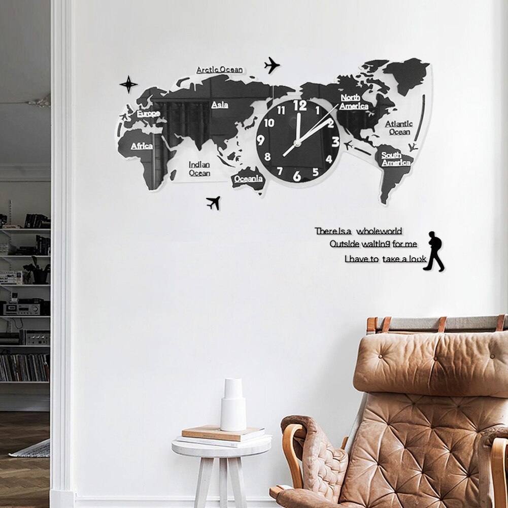 Unique Acrylic Wall Clock World Map Wall Hanging Clock Wall Clock With World Map For Home Living Room Without Battery