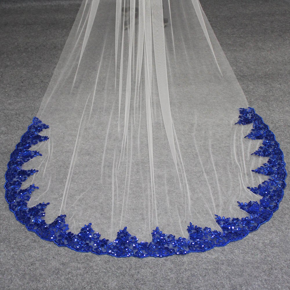 Velo de novia de encaje azul real, velo largo de tul suave blanco marfil, 3 metros de velo de novia con encaje de lentejuelas, accesorios de boda Welony