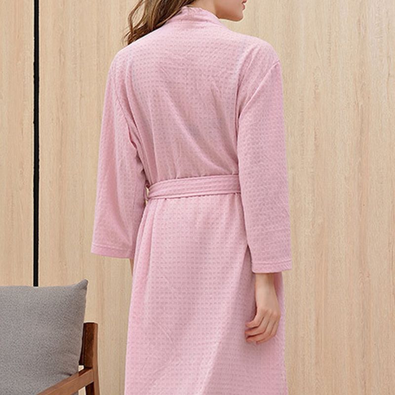 Unisex plus size løs badekåbe vaffelvævet sommer tynd kimono natkjole åben front bælte quick dry lounge nattøj